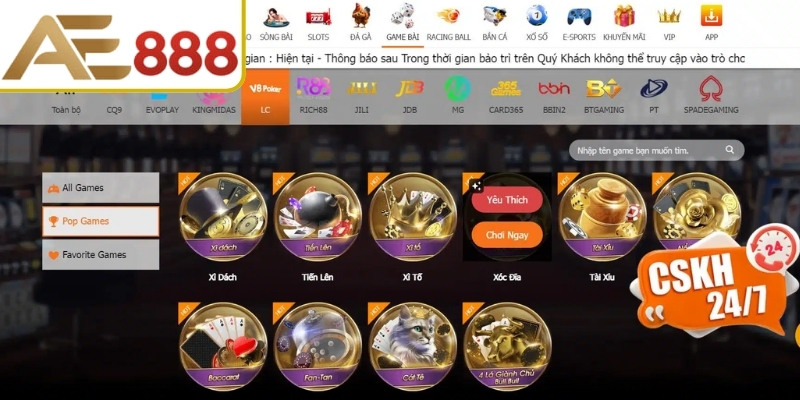 Sảnh game bài AE888 và những thông tin cụ thể